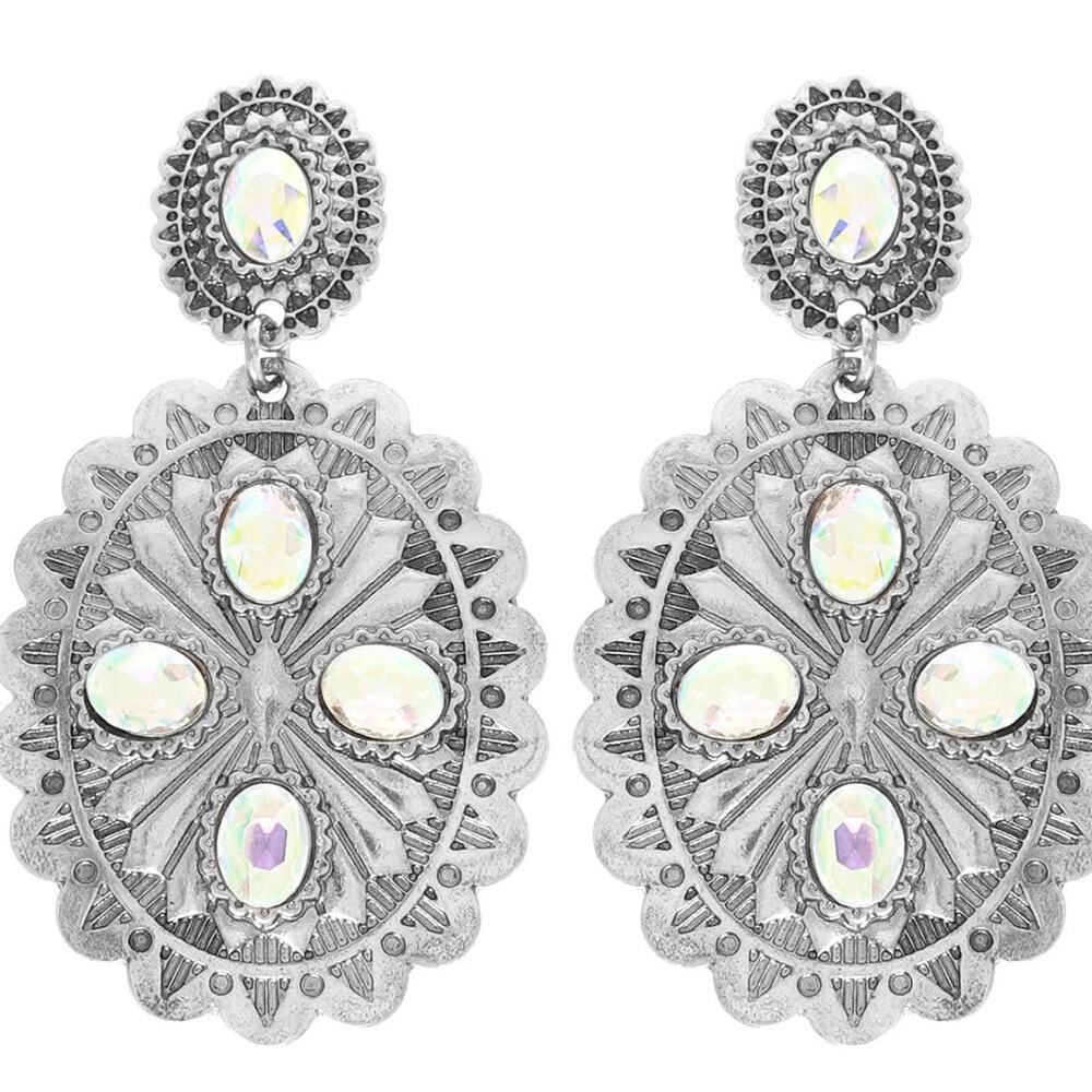 Western Etched Concho Crystal Post Earrings | Silver | 2.5" Drop